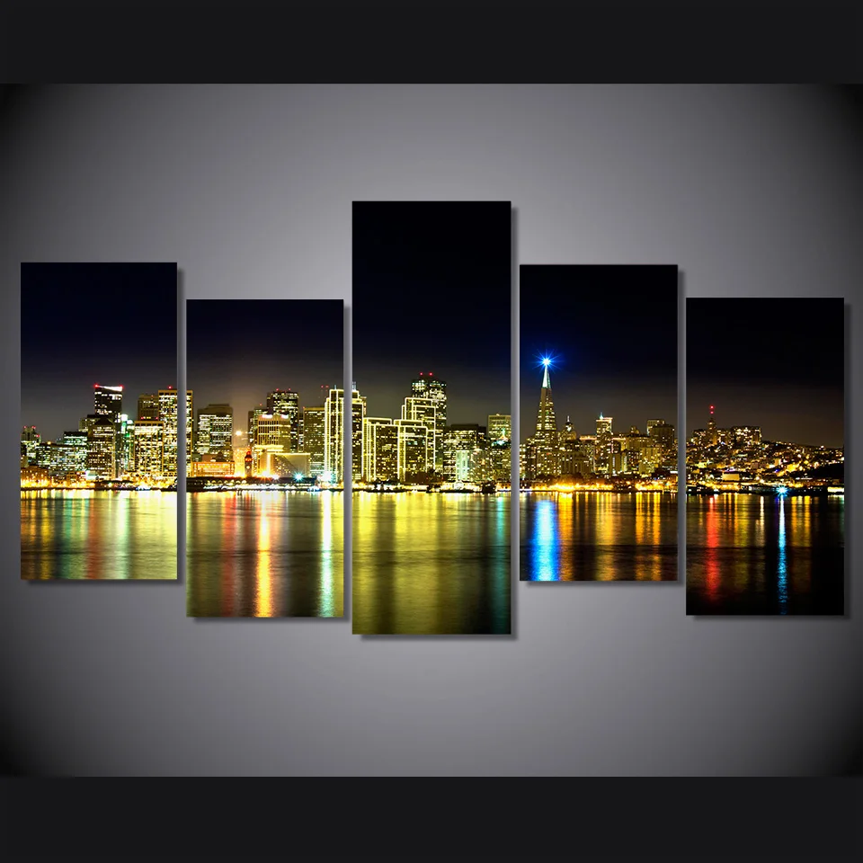 5 Pcs New York City Night Scenery Wall Art Canvas Poster Frame Painting Abstract Pictures HD Printed Framework Quadros Decoracao | Дом и сад