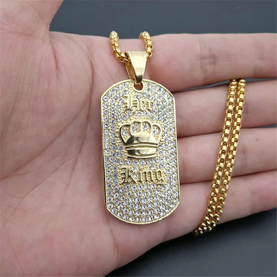 

Hip Hop King Crown Pendant Necklace Stainless Steel Gold Color Iced Out Rhinestone Charm Necklace With 3mm Box Chain N1396