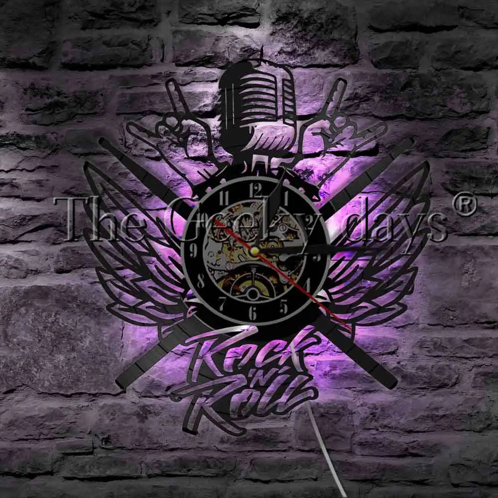 Рок микрофон Heavy Metal музыка виниловых пластинок настенные часы с светодиодный