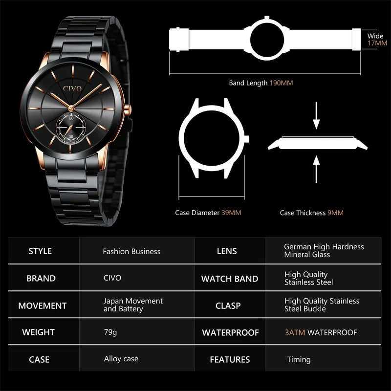 Reloj CIVO quartz watches mens fashion sport dial waterproof wirst watches top brand luxury steel strap man watches montre homme