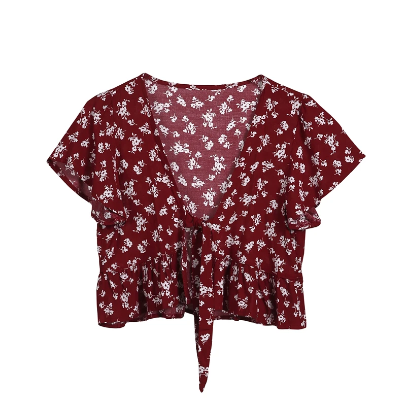 

2019 Women Summer Floral Blouses Crop Top Sexy V Neck Lacing Ruffle Blouses Shirts Women Girl Elegant Loose Casual Blouse Blusas