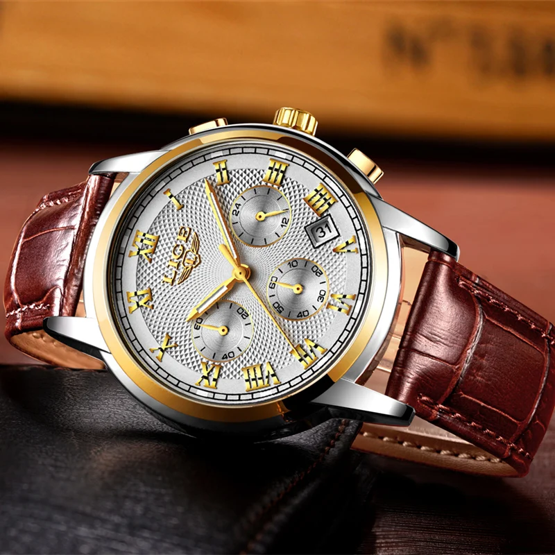 LIGE золотые часы мужские модные кварцевые кожаные Топ бренд класса люкс