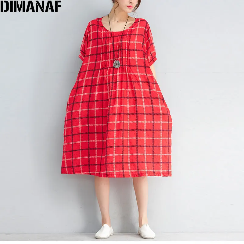 DIMANAF плюс размер 2018 летнее Женское Платье льняное клетчатое vestidos красное