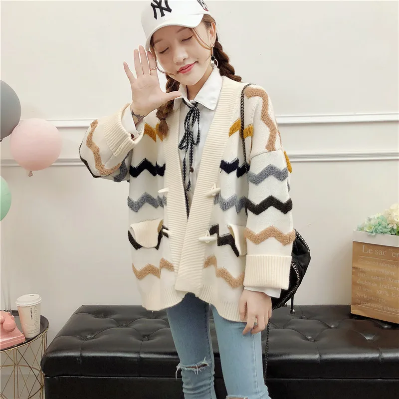 

2018 Spandex Full Sale Jumper Poncho New Pattern Korean Picture V Single Horn Buckle Knitting Joker Sweater Loose Coat Woman