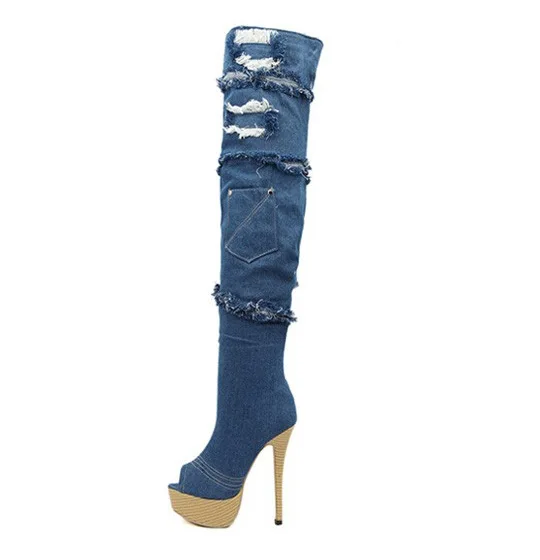 

2018 women gladiator boots blue denim shoes peep toe sexy high heels over the knee boots cut-out platform thing high boots