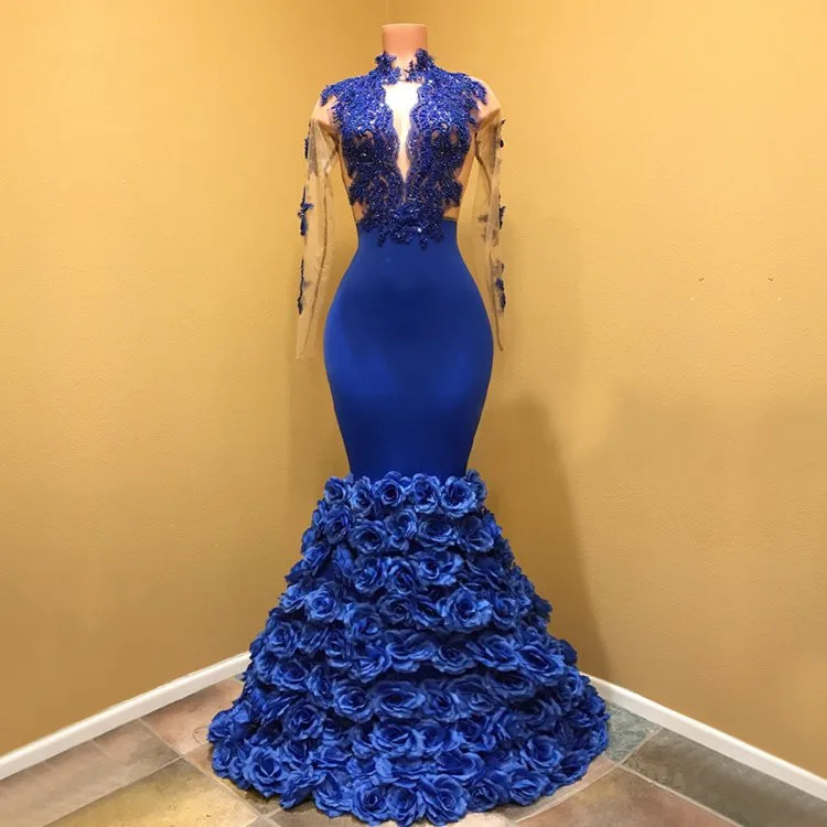 

Royal Blue Muslim Evening Dresses Mermaid Long Sleeves Flowers Lace Beaded Dubai Saudi Arabic Long Formal Evening Gown