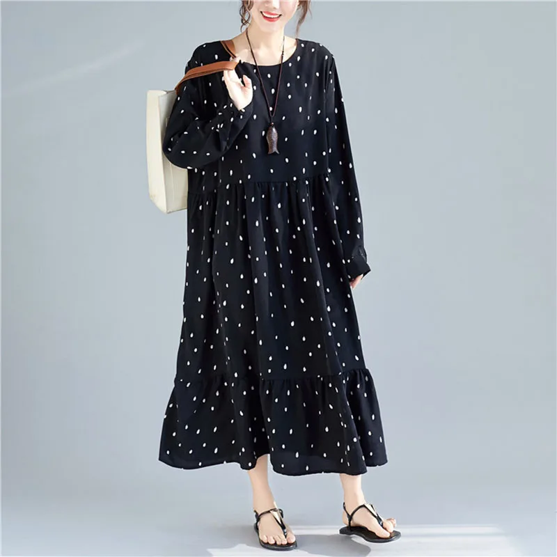 Женское шифоновое платье в горошек свободное тонкое средней длины с длинным