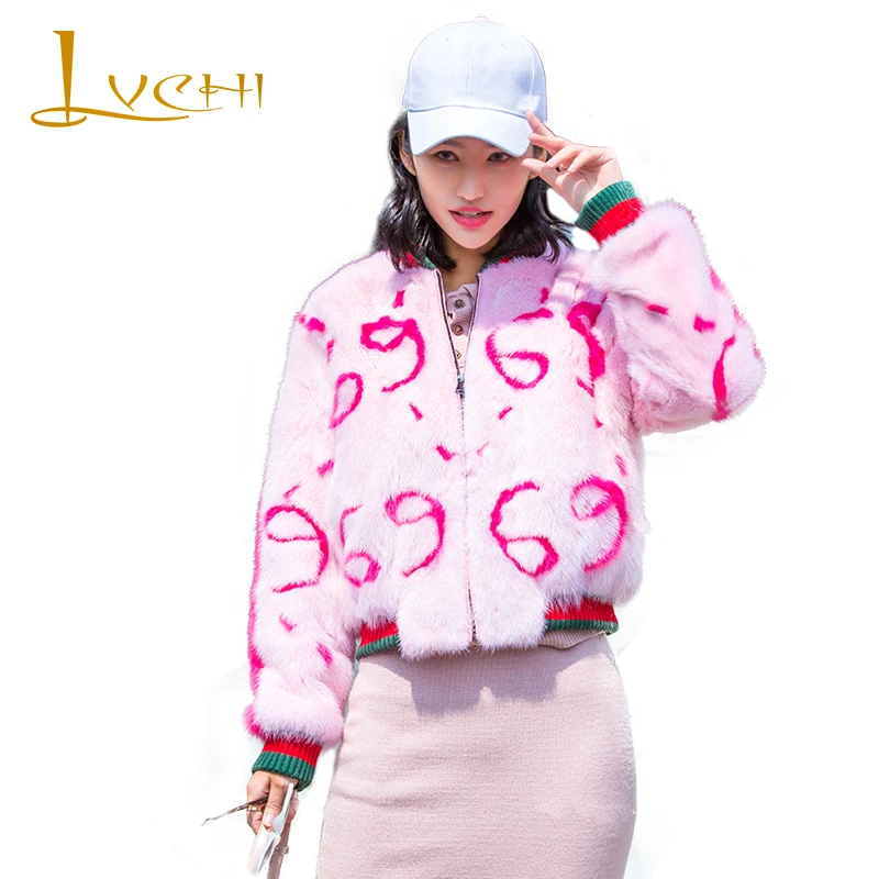 

LVCHI Winter 2019 Swan Velvet Real Mink Fur Coats Women's O-Neck Coat Full Pelt Causal Contrast Color Letter Short Mink Coats