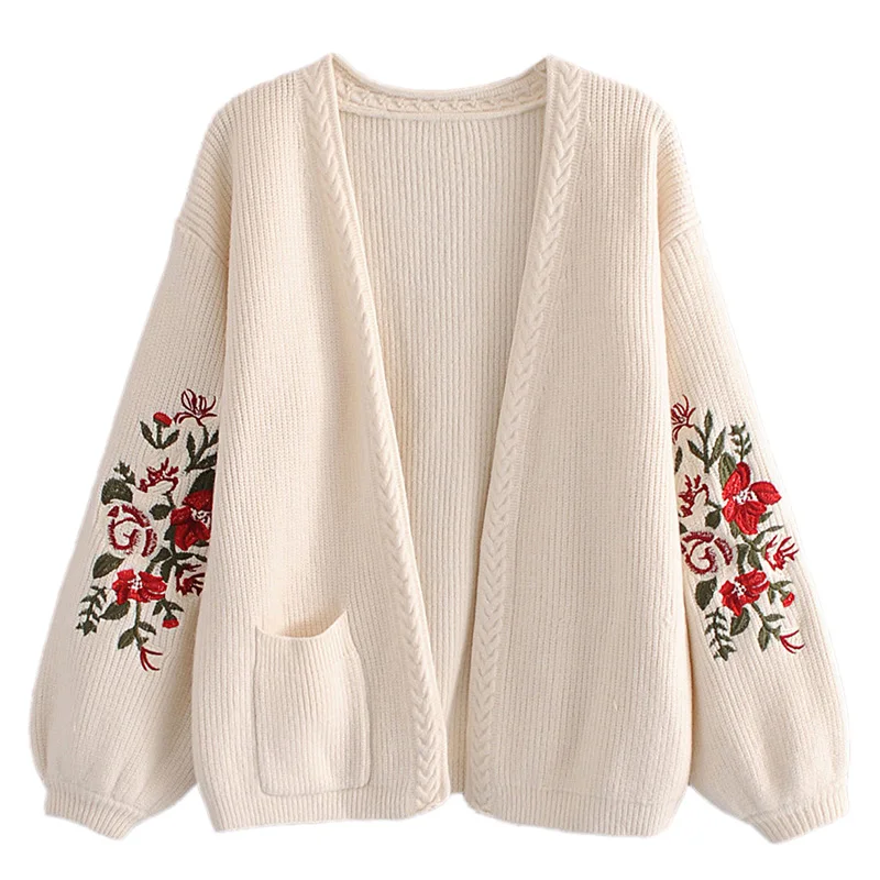 NYMPH New Fashion 2017 Autumn Outerwear Women Long Sleeve Floral Embroidery Pockets Cardigan Casual Knitted Sweater Plus Size |