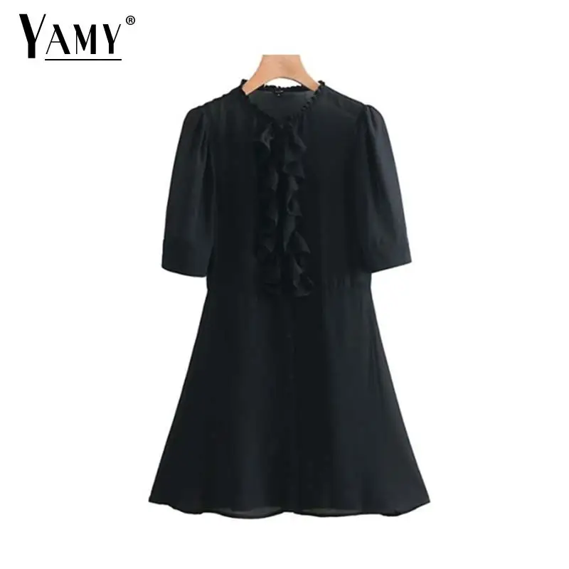 Винтаж 2019 Boho черное элегантное платье с рюшами женское шифоновое мини