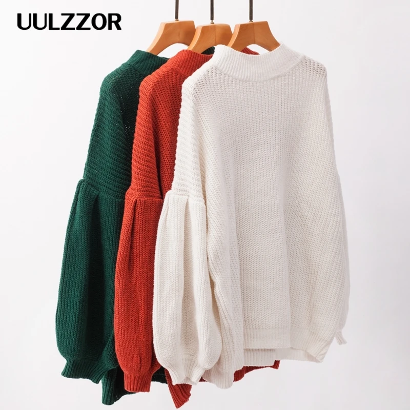 UULZZOR Female autumn sweater jumper New Women loose Winter lantern sleeve knitted pullover Casual round neck | Женская одежда