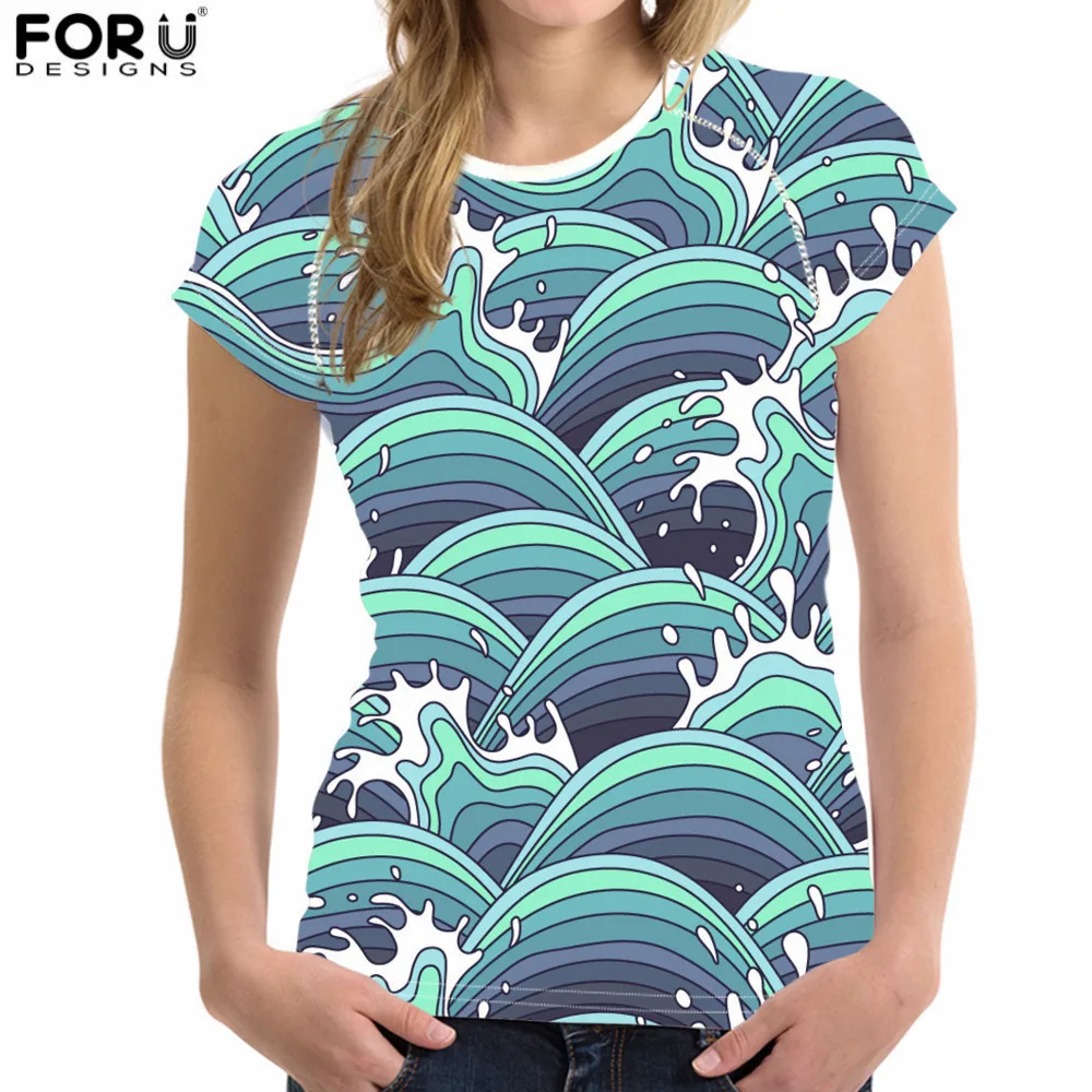 Модные женские летние футболки FORUDESIGNS с объемным рисунком синих морских волн