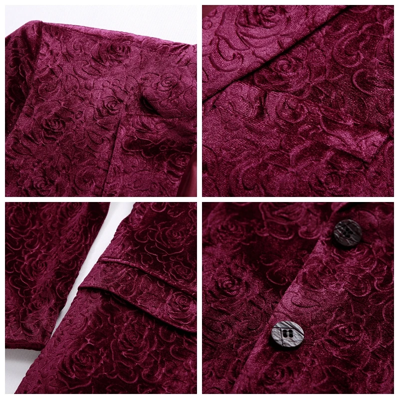 

JZ CHIEF red velvet blazer men wedding groom suit jacket jacquard rose pattern blazer coat business slim casual blazer jacket