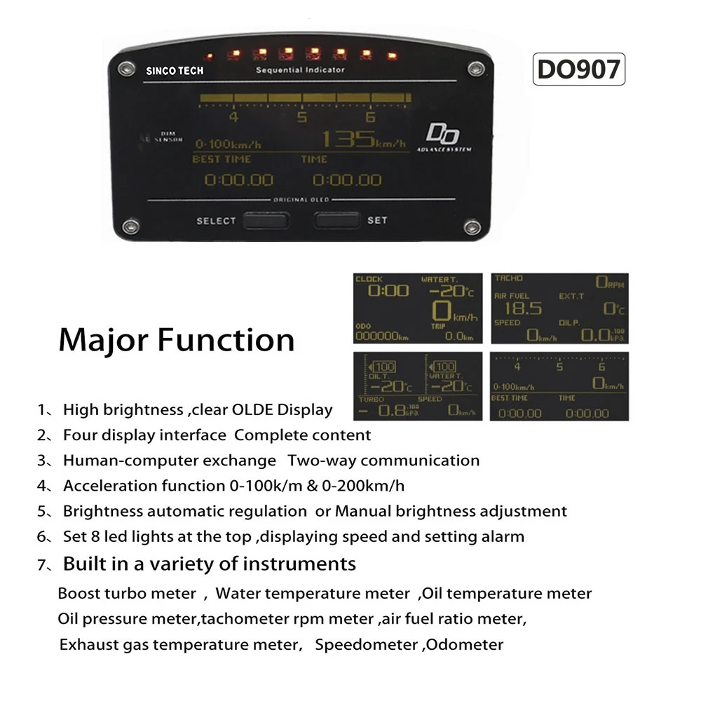 

Dynoracing 10 in 1 New Style Auto Sports Digital Meter OLED Digital Tachometer Full Sensor Kit Electrical Car Meter YC101196