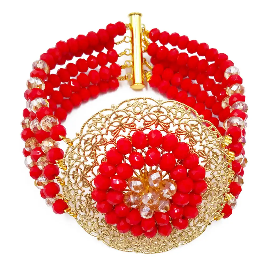 Fashion Opaque Red and Champagne Gold AB African Wedding Beads Necklace Bracelet Earrings Nigerian Jewelry Set for Women 9PHK06 | Украшения