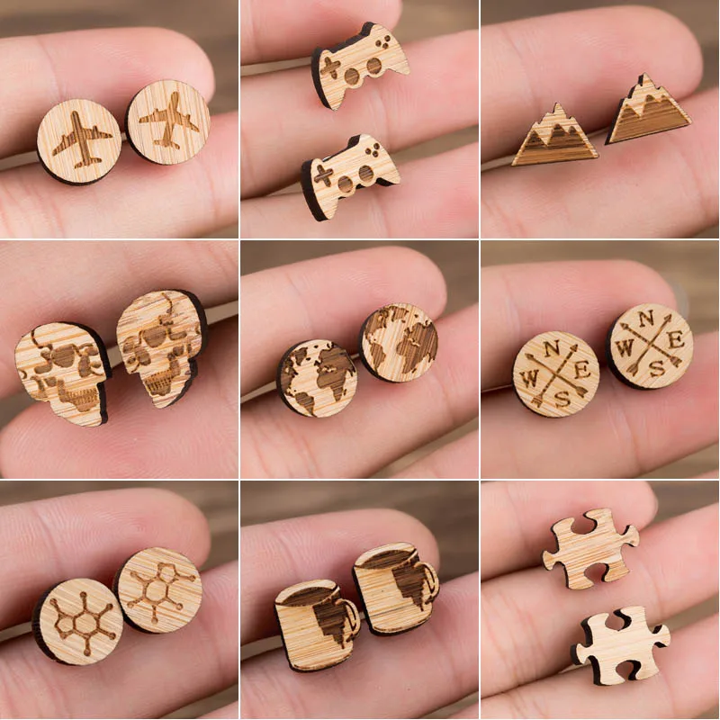 

Hfarich Personality Fashion Geometric Mountain Airplane Cup Wood Stud Earrings For Women Retro Female Women Earrings Jewelry