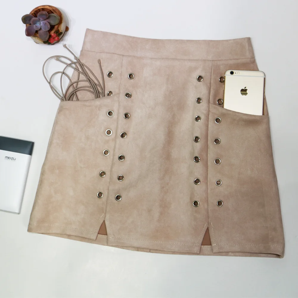 Fashion lace up leather suede pencil skirt high waist slim short skirts Wild | Женская одежда