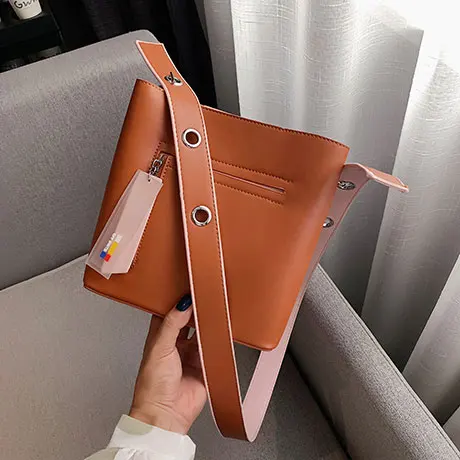 Female bag split leather bucket handbag high quality child large capacity shoulder word powder green color Messenger | Багаж и сумки