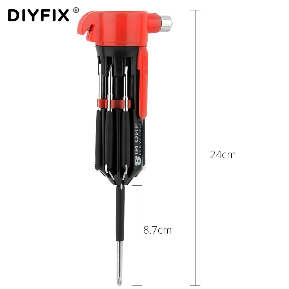 DIYFIX Portable 8 in 1 Screwdriver Set with 6 Both End LED Powerful Torch emergency Life hammer Multifunctional outdoor tool set |