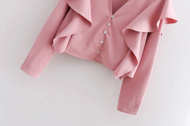 women sweet v neck laminated ruffles pink smock shirt blouses long sleeve chic feminina blusas office business tops LS2684 |