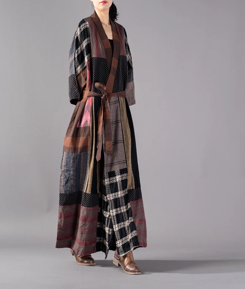 Patchwork Coat Для женщин; Большие размеры лоскутное рубашки в клетку из хлопка и льна Тренч, женская верхняя одежда, Винтаж Ретро размера плюс пальто осень; пальто с поясом - Цвет: Patchwork Coat