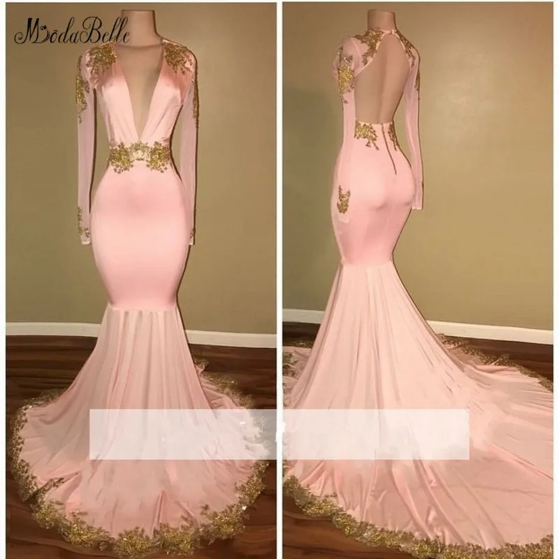 Modabelle розовое платье на выпускной с золотыми аппликациями Vestidos торжественные платья с длинным рукавом сексуальные платья с открытой спиной на выпускной Gala Jurken Dames