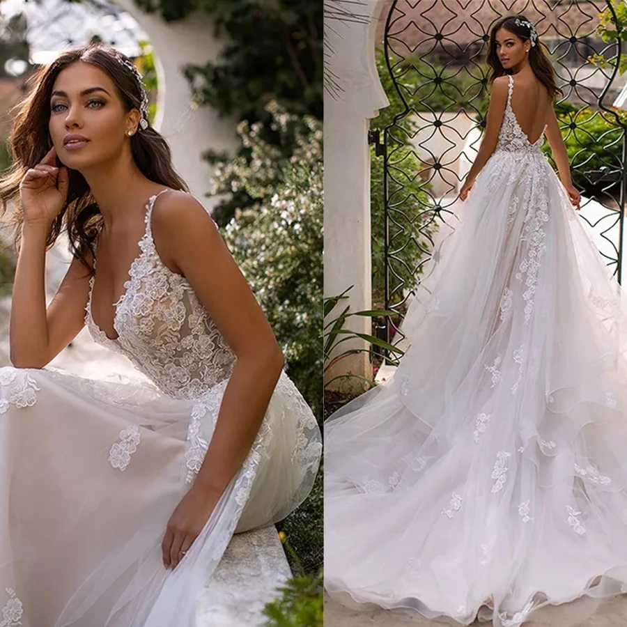

Charming V-neck Tulle Beading Lace Applique A-line Wedding Dress with Court Train Layer V-back Bridal Dress Vestido de novia
