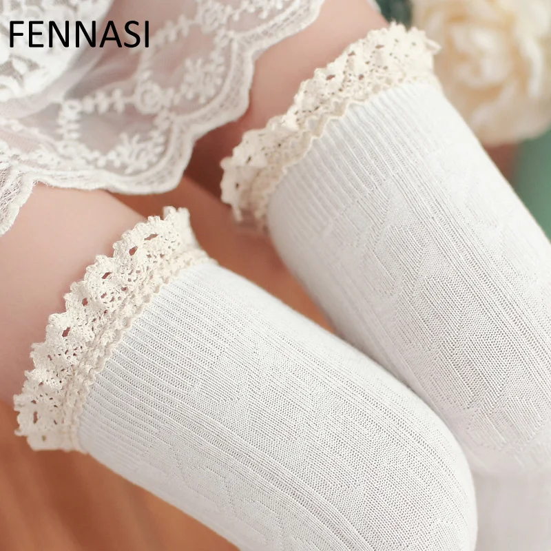 Женские кружевные хлопковые чулки FENNASI белые милые до бедра в японском стиле