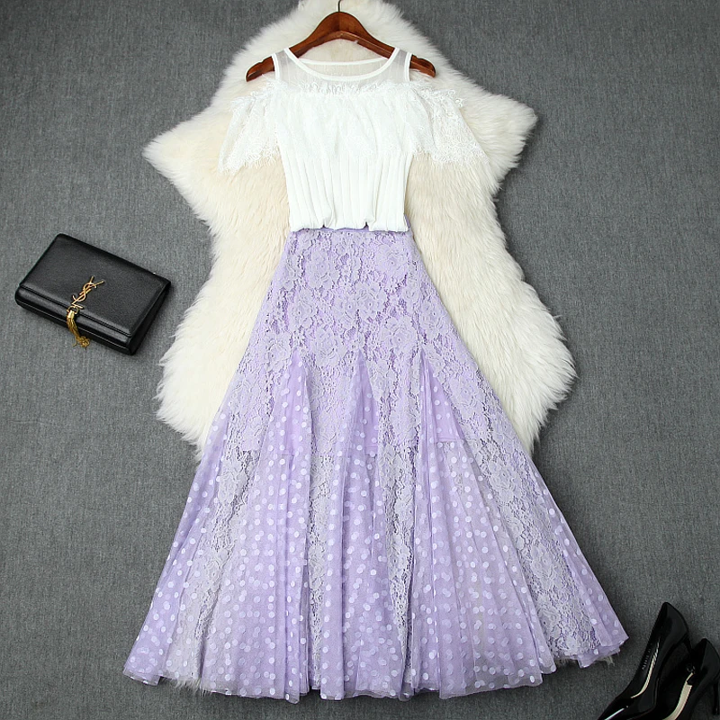 Женский комплект одежды трикотажная облегающая футболка с кружевной юбкой в