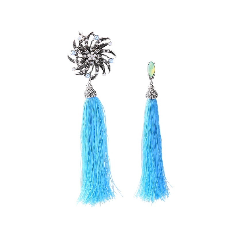 Черные/синие Асимметричные Длинные серьги в стиле ретро с цветком и кисточками