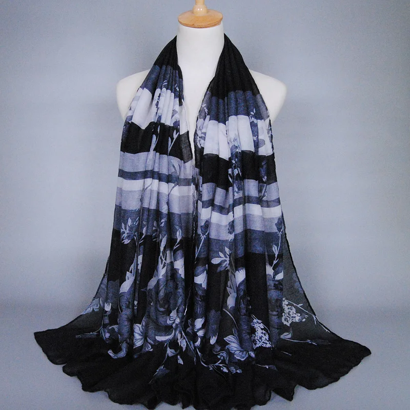 Популярный дизайн printe цветочный полосы вискоза шарф шаль мусульманский хиджаб