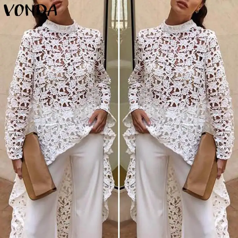 VONDA, модные рубашки, женские блузки, сексуальные кружевные рубашки, ассиметричные Длинные Белые блузы размера плюс, туники и топы S-5XL