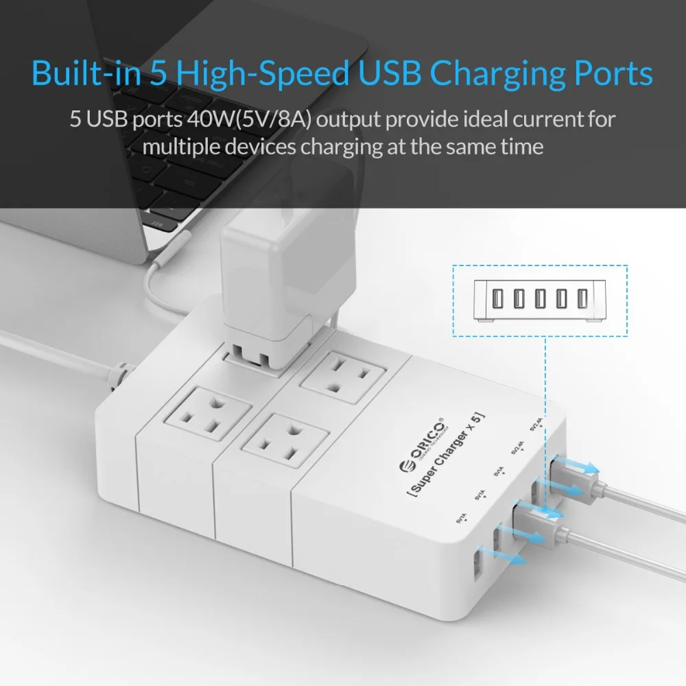 ORICO USB розетка с разъемом питания штепсельная вилка США умный сетевой фильтр 4AC 5 usb