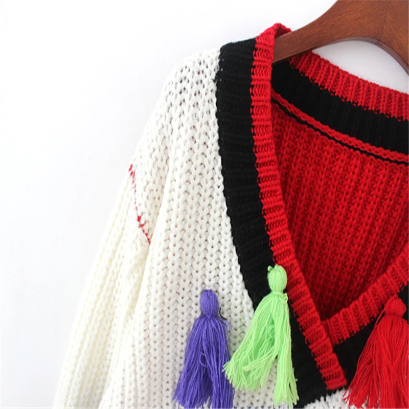 HziriP 2018 Spring Autumn Women Fashion Loose Sweater V-Neck Tassel Long Sleeve Character Print Knitted Female Pullover | Женская одежда