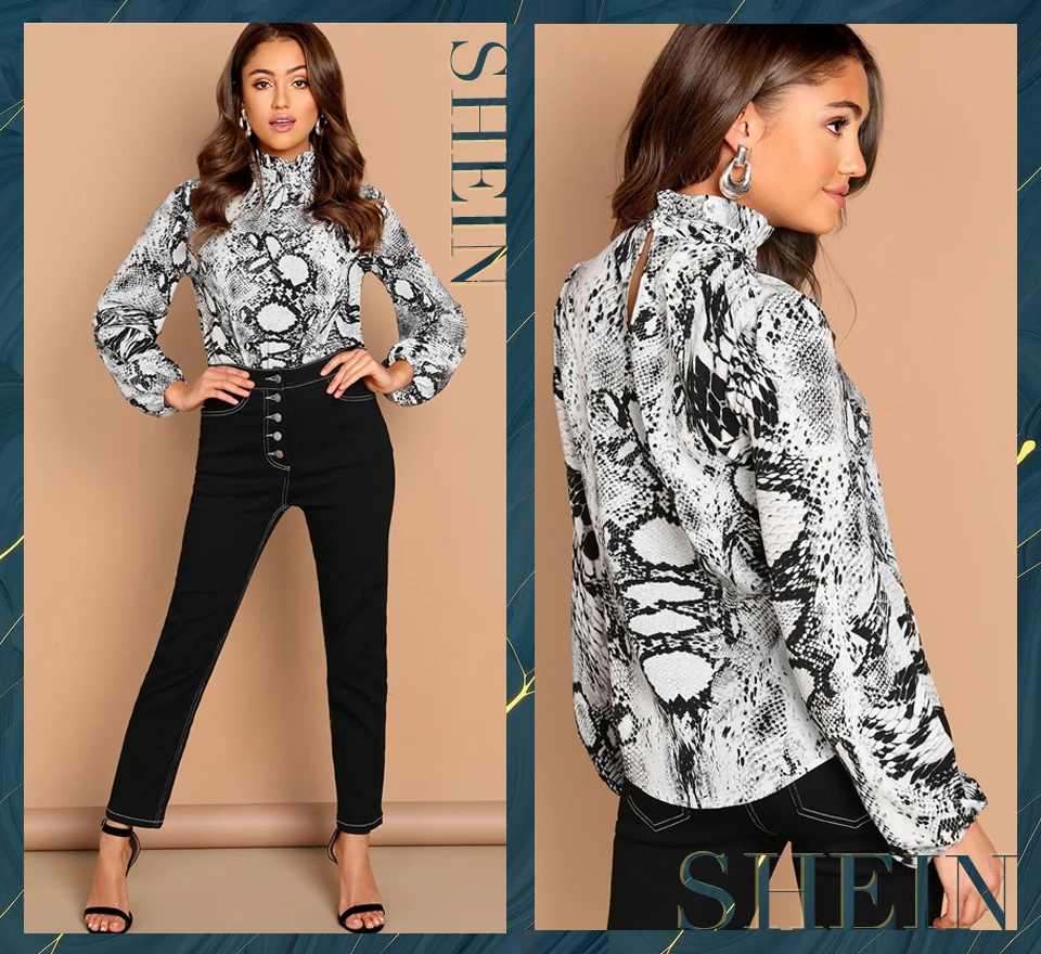 SHEIN Блуза С Животным Принтом Змеи, Блуза С Длинным Рукавом И Высоким Воротником, Блуза С Модным Принтом