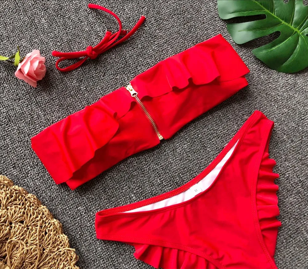Midou Red Zipper бикини набор пуш ап стеганая одежда для купания купальник пляжная