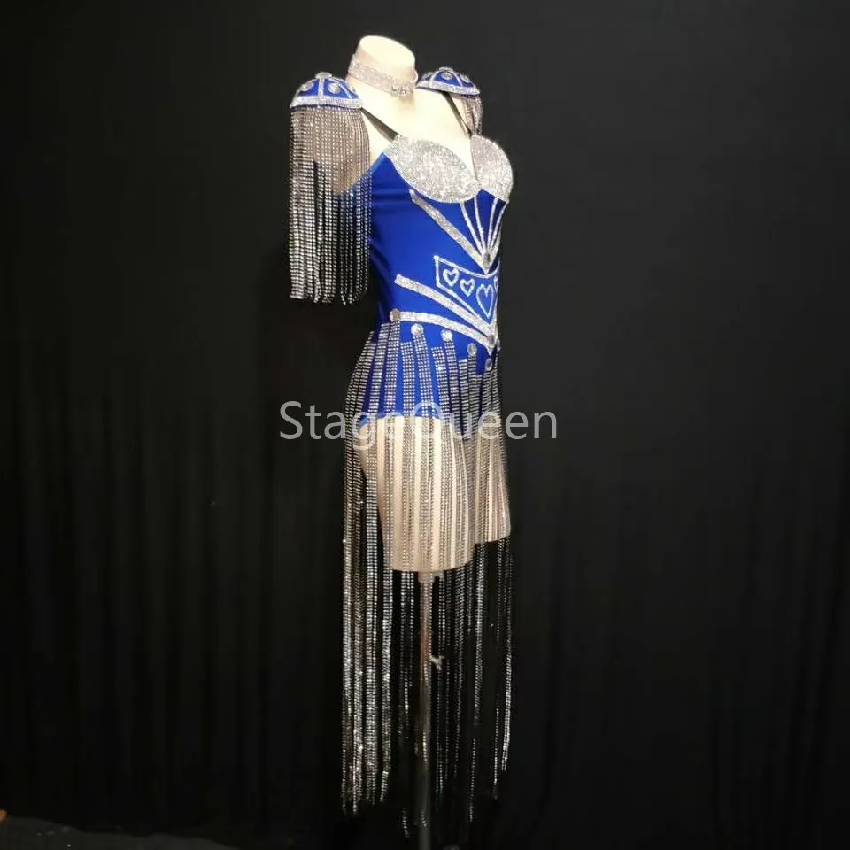 Shining 4 Colors Crystals Epaulet Leotard Sexy Dance Sparkly Tassel Outfit Celebrate Bodysuit Costume Stage Singer Dance Wear