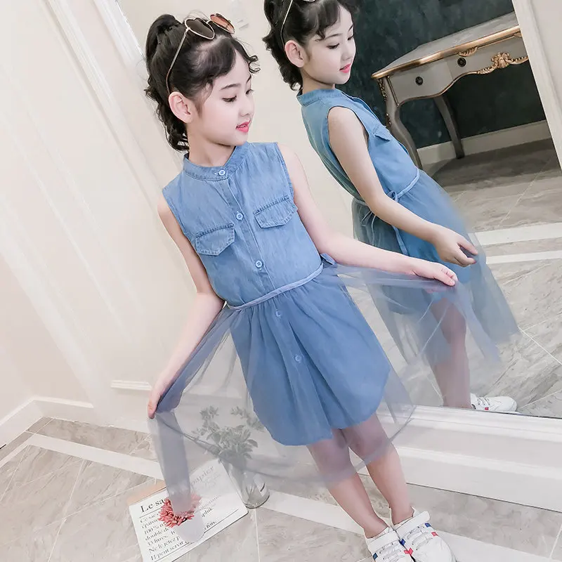 Big Girl Denim Jeans Prom Blouse Dresses For Cocktail Mesh Party Princess Tulle Dress Age 5 6 7 8 9 11 13 14 Years Old | Детская одежда