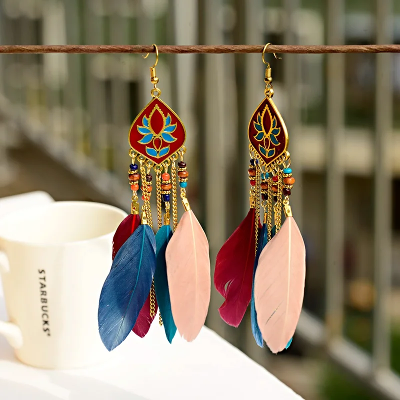 Женские серьги кисточки Lotus Jhumka Винтажные с перьями из турков цыганские