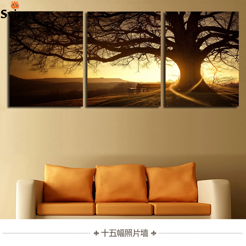 3 Панели Современная картина с принтом дерева Куадрос Закат Холст Картина маслом