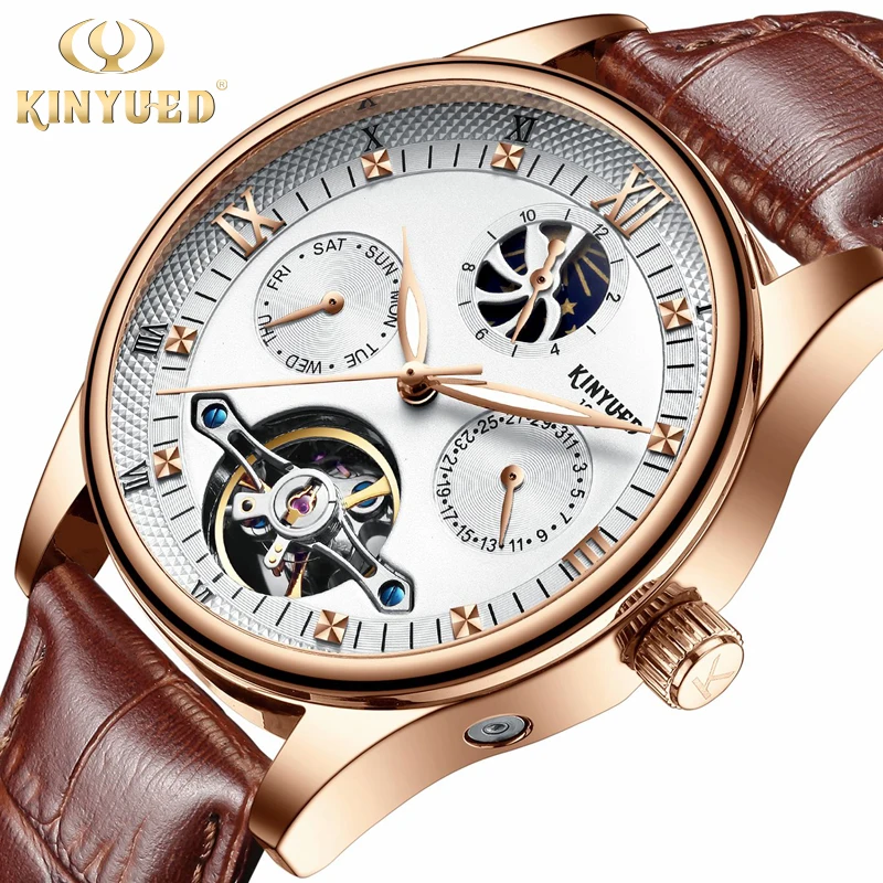 

KINYUED Top fashion Men Automatic Mechanical Watches Luxury Rose Gold Moon phase Self-Wind Calendar Mens Wristwatch reloj hombre