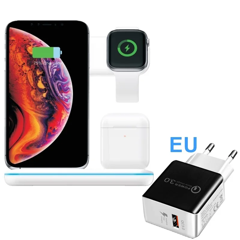 WhiteEU Tongdaytech 3 в 1 Qi Быстрое беспроводное зарядное устройство для Apple Airpods Pro Watch 5 4 3 2 1 быстрая док-станция для зарядки для Iphone 8 XS 11 Pro - Тип штекера: WhiteEU