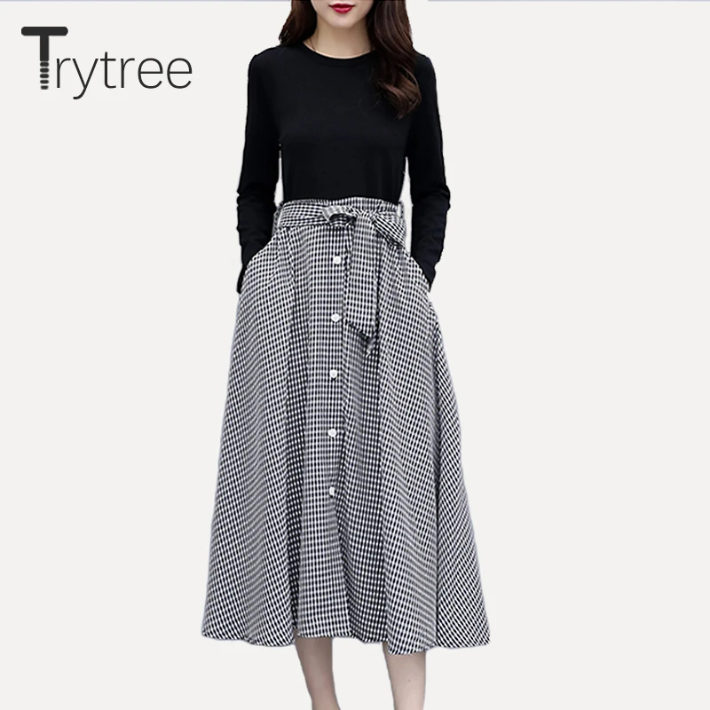 Trytree весна лето платье женское повседневное полиэстер хлопок черный плед А