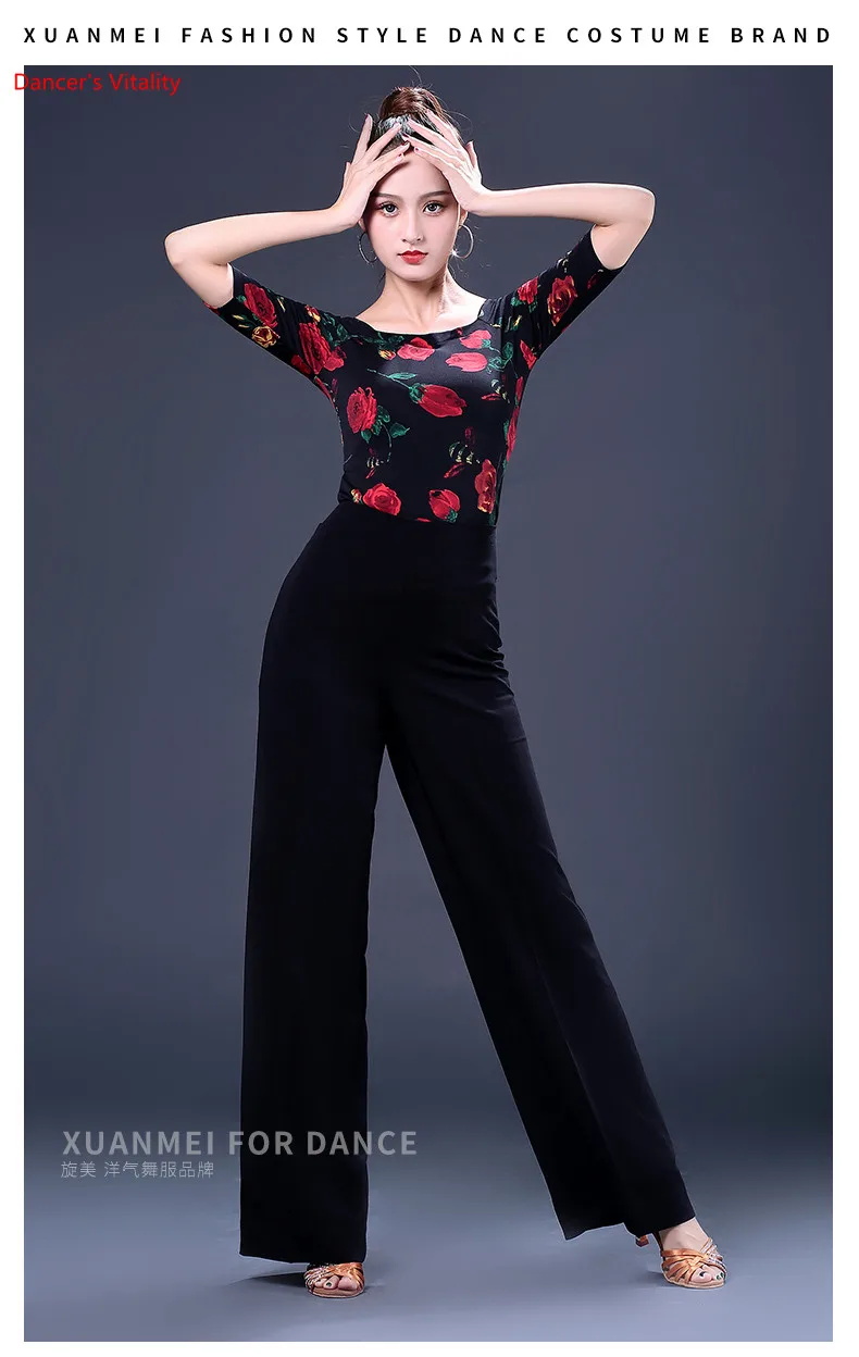 Модные топы с принтом для латинских танцев, новинка, для взрослых женщин, с половинными рукавами, тренировочная одежда, для женщин, для бальных танцев, сценические костюмы