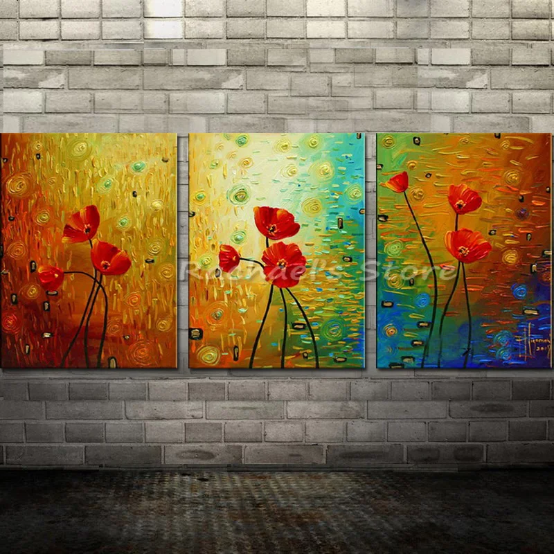 Ручная роспись холст 3 штуки Мак картина маслом на стену современная с цветами