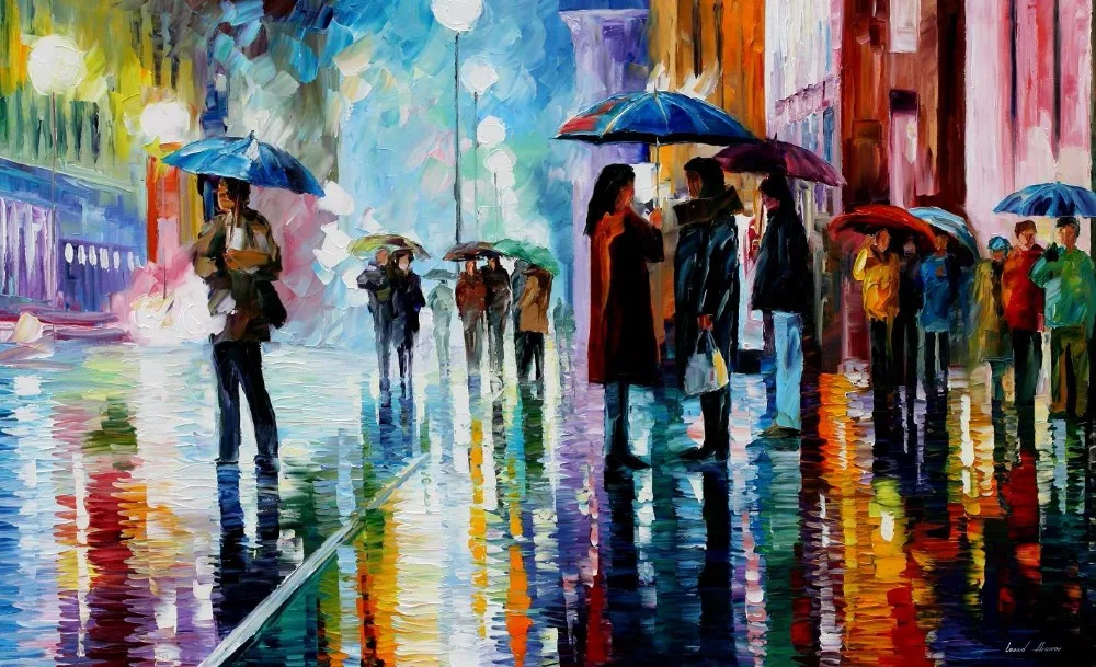 

Painting for sale Colorful oil paintings Canvas bus stop under the rain Modern Fine Art Home Decor High quality Handpainted