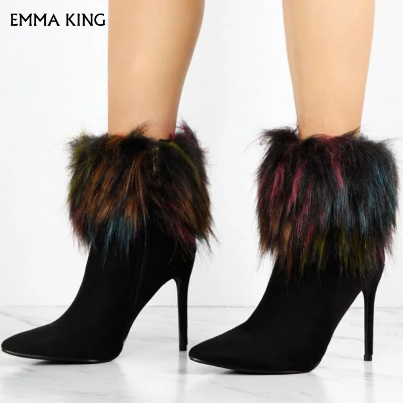 Emma king/черные/красные модные ботинки на меху замшевые ботильоны шпильке с острым