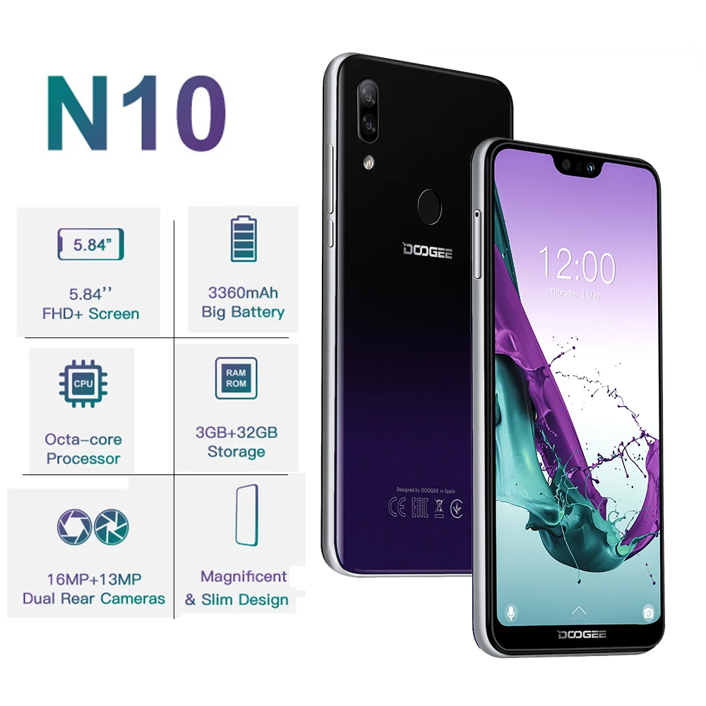 Смартфон DOOGEE N10 3 Гб ОЗУ 32 ПЗУ Восьмиядерный Android 8 1 4G мобильный телефон экран 5 84