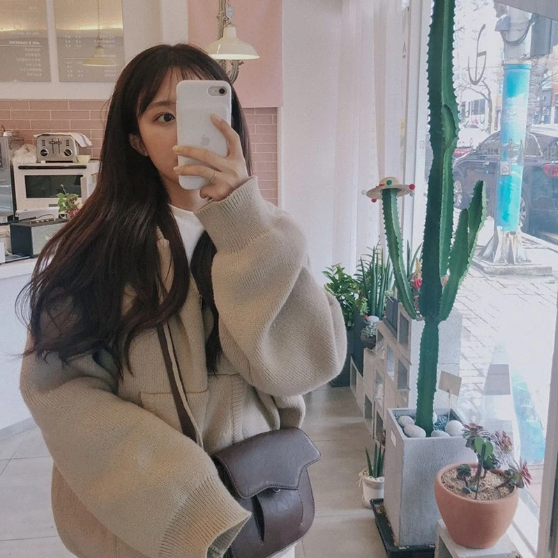 2019 Chic new fashion women's sweater Korean version of the hooded lace knit zipper solid color for women thick warm |