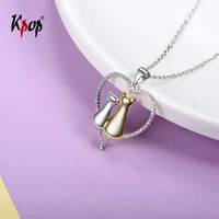 kpop love heart cat kitty pendants necklaces 925 sterling silver two tone cubic zirconia animal charm necklace for women p6007